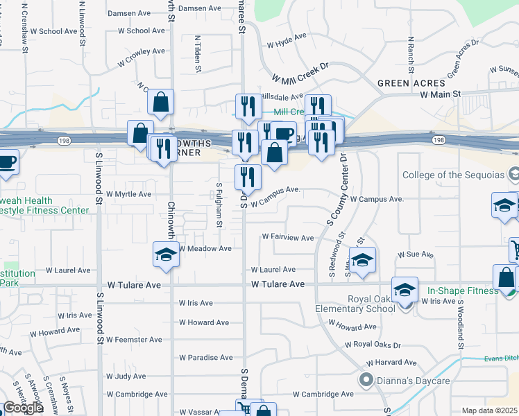 map of restaurants, bars, coffee shops, grocery stores, and more near 3545 West Campus Avenue in Visalia