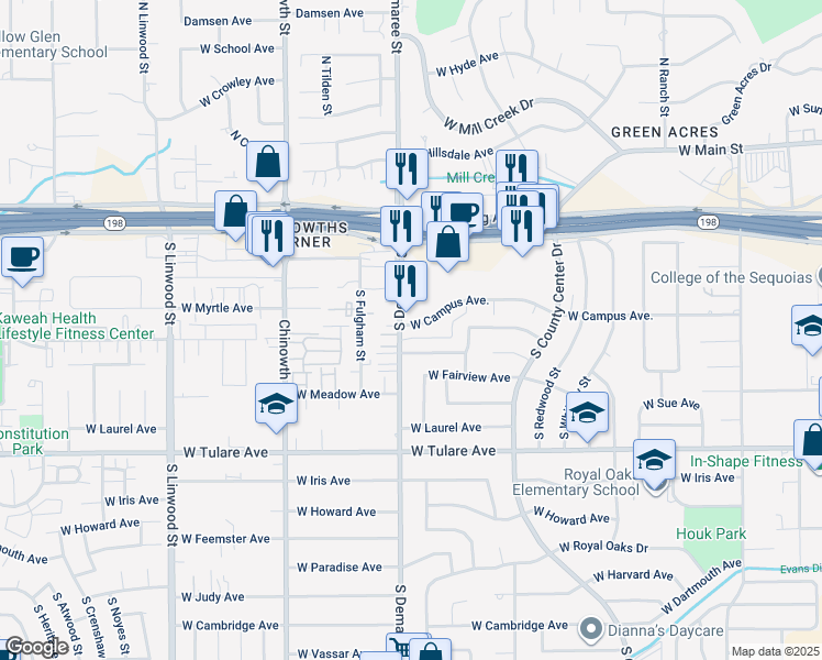 map of restaurants, bars, coffee shops, grocery stores, and more near 3545 West Campus Avenue in Visalia