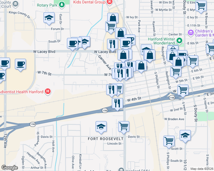 map of restaurants, bars, coffee shops, grocery stores, and more near 817-823 West 6th Street in Hanford