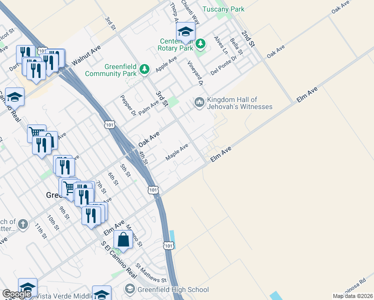 map of restaurants, bars, coffee shops, grocery stores, and more near 313 Maple Avenue in Greenfield