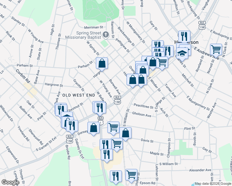map of restaurants, bars, coffee shops, grocery stores, and more near 140 West Young Avenue in Henderson