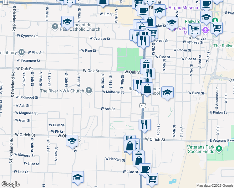 map of restaurants, bars, coffee shops, grocery stores, and more near 1012 West Mulberry Street in Rogers