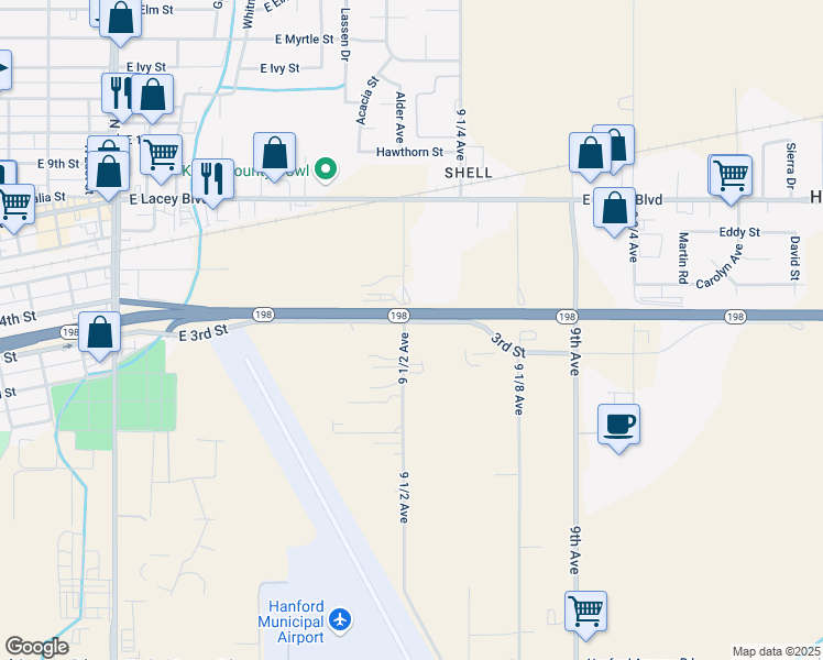 map of restaurants, bars, coffee shops, grocery stores, and more near 2 East 3rd Street in Hanford