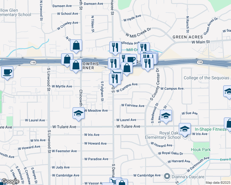 map of restaurants, bars, coffee shops, grocery stores, and more near 3549 West Campus Avenue in Visalia