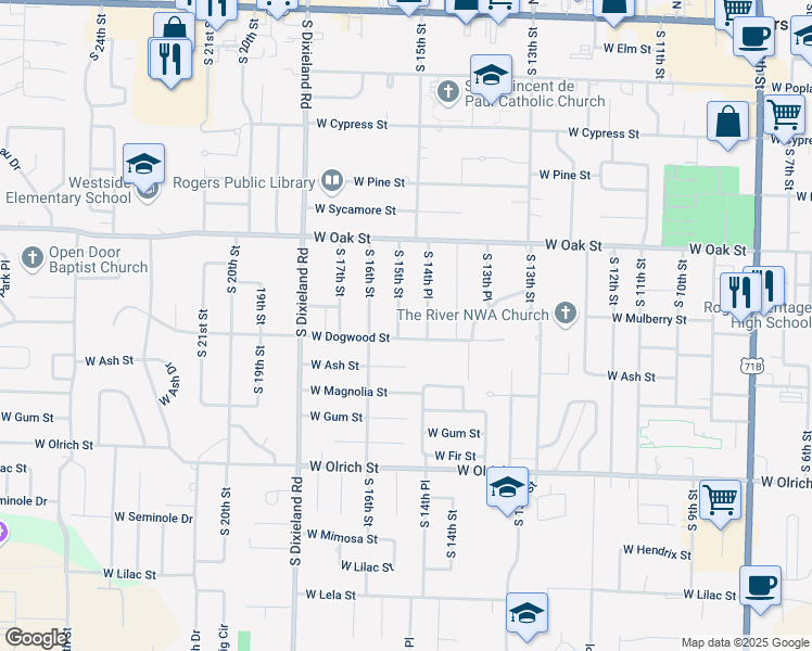 map of restaurants, bars, coffee shops, grocery stores, and more near 919 South 15th Street in Rogers