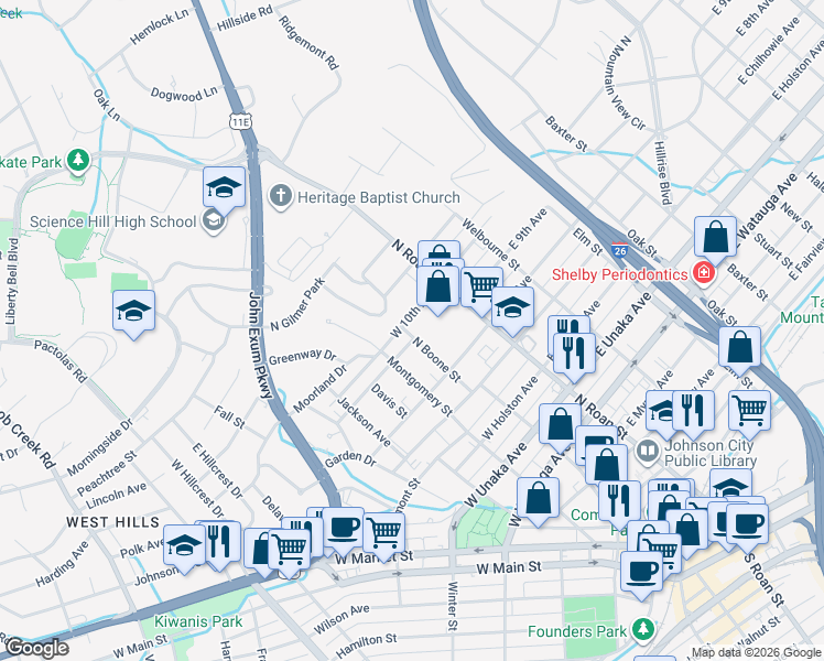 map of restaurants, bars, coffee shops, grocery stores, and more near 1010 North Boone Street in Johnson City