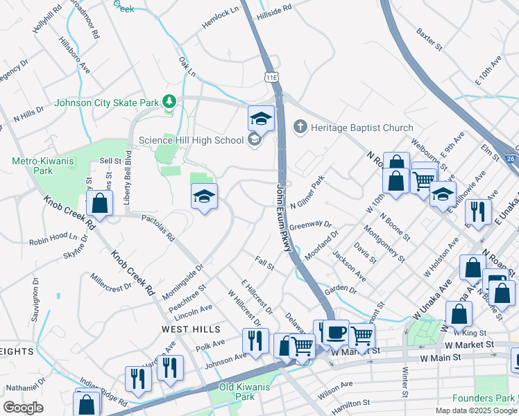 map of restaurants, bars, coffee shops, grocery stores, and more near 505 North Gilmer Park in Johnson City