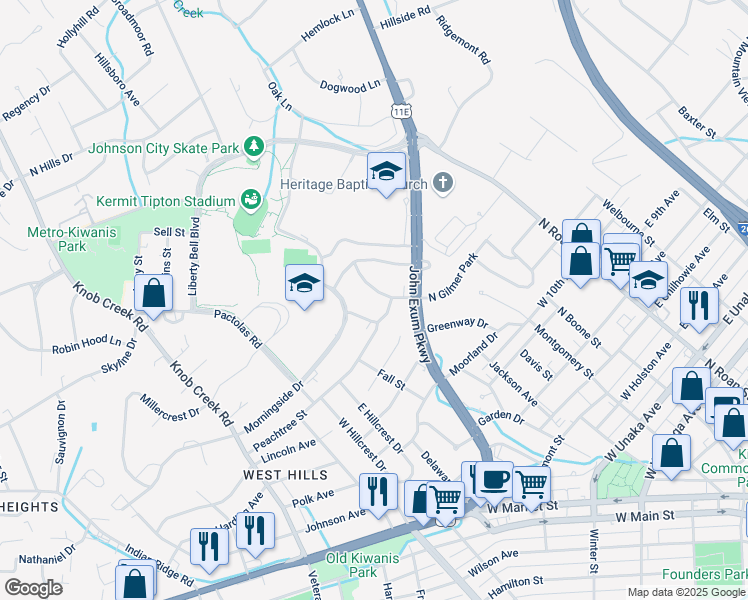 map of restaurants, bars, coffee shops, grocery stores, and more near 507 North Gilmer Park in Johnson City