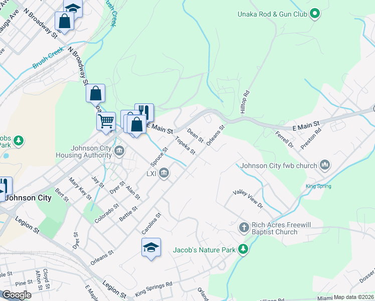 map of restaurants, bars, coffee shops, grocery stores, and more near 1000 Topeka Street in Johnson City
