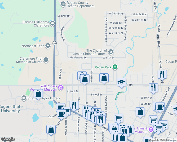 map of restaurants, bars, coffee shops, grocery stores, and more near 1453 Paradise Lane in Claremore