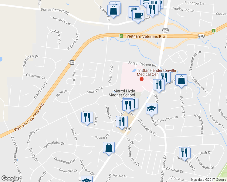 map of restaurants, bars, coffee shops, grocery stores, and more near 128 Township Dr in Hendersonville