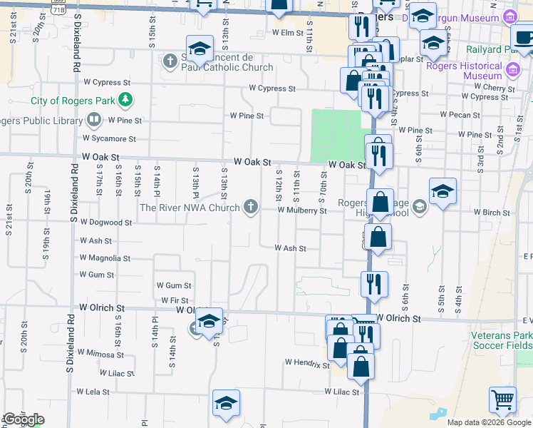 map of restaurants, bars, coffee shops, grocery stores, and more near 1101 S 12th Pl in Rogers