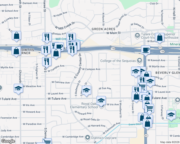 map of restaurants, bars, coffee shops, grocery stores, and more near 739 South Whitney Street in Visalia