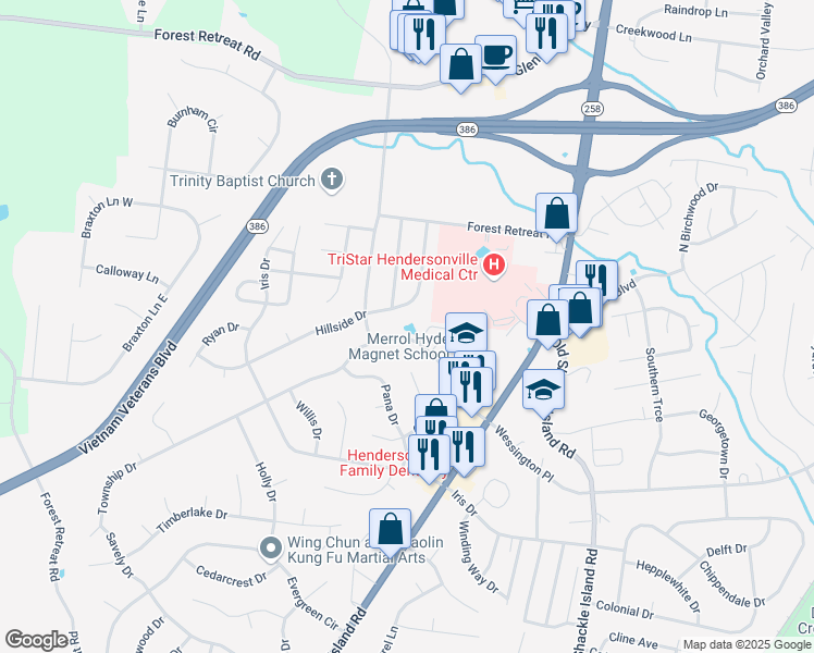map of restaurants, bars, coffee shops, grocery stores, and more near 128 Township Drive in Hendersonville