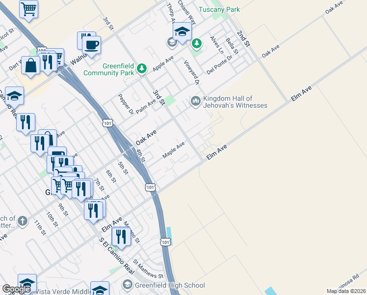 map of restaurants, bars, coffee shops, grocery stores, and more near 313 Maple Avenue in Greenfield