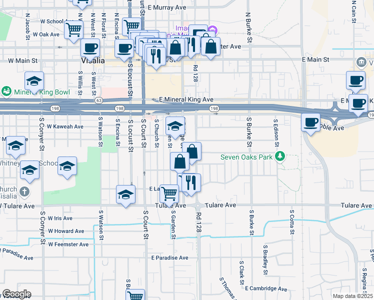 map of restaurants, bars, coffee shops, grocery stores, and more near 526 South Bridge Street in Visalia
