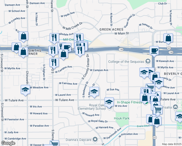 map of restaurants, bars, coffee shops, grocery stores, and more near 739 South Redwood Street in Visalia