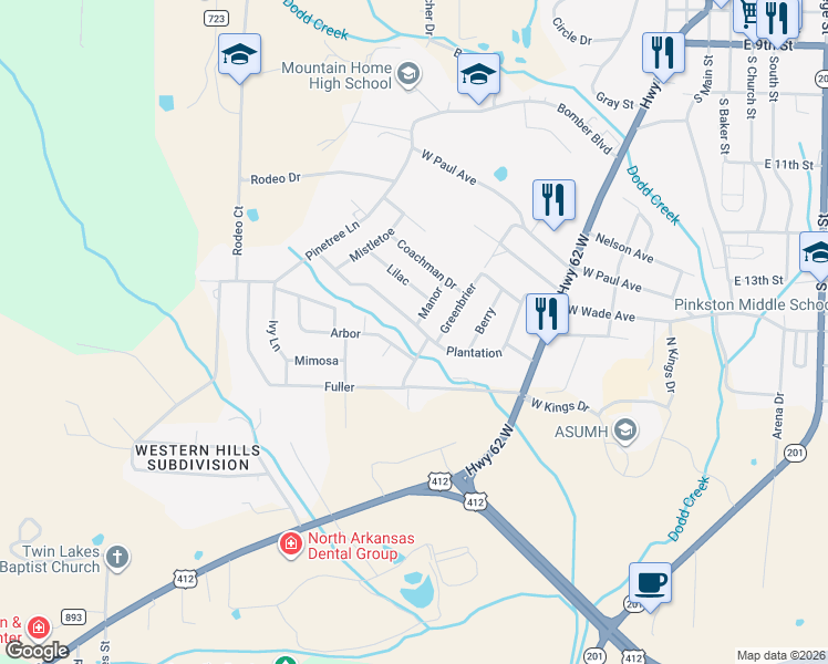 map of restaurants, bars, coffee shops, grocery stores, and more near 1705 Plantation in Mountain Home