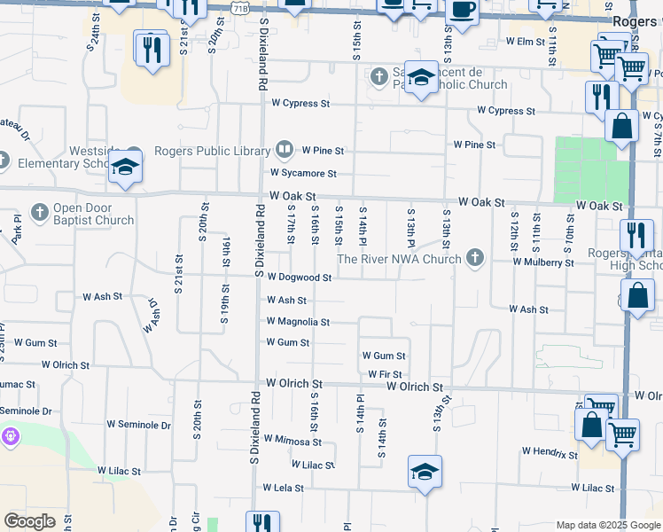 map of restaurants, bars, coffee shops, grocery stores, and more near 919 South 15th Street in Rogers