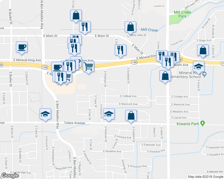 map of restaurants, bars, coffee shops, grocery stores, and more near 2201 East Myrtle Court in Visalia