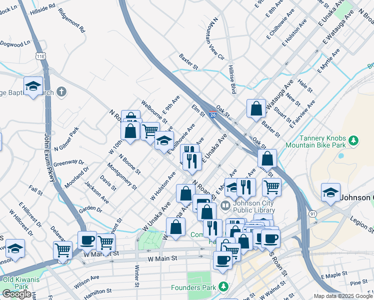 map of restaurants, bars, coffee shops, grocery stores, and more near 115 East Holston Avenue in Johnson City