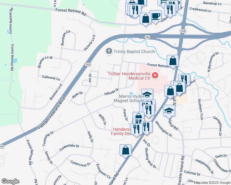 map of restaurants, bars, coffee shops, grocery stores, and more near 103 Hillwood Drive in Hendersonville