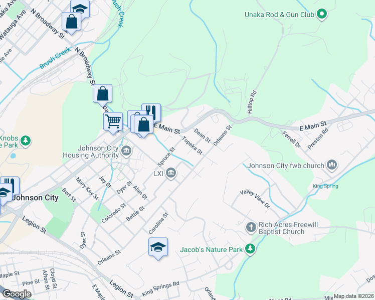 map of restaurants, bars, coffee shops, grocery stores, and more near 1000 Topeka Street in Johnson City