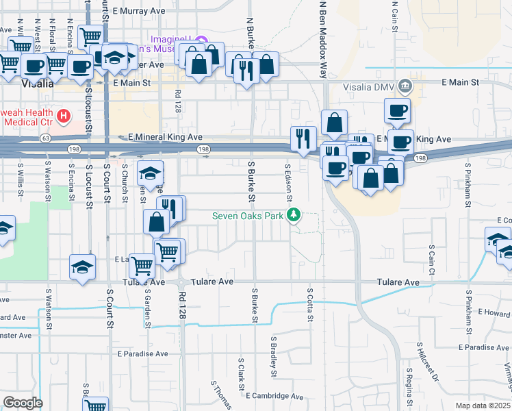 map of restaurants, bars, coffee shops, grocery stores, and more near 720 South Burke Street in Visalia