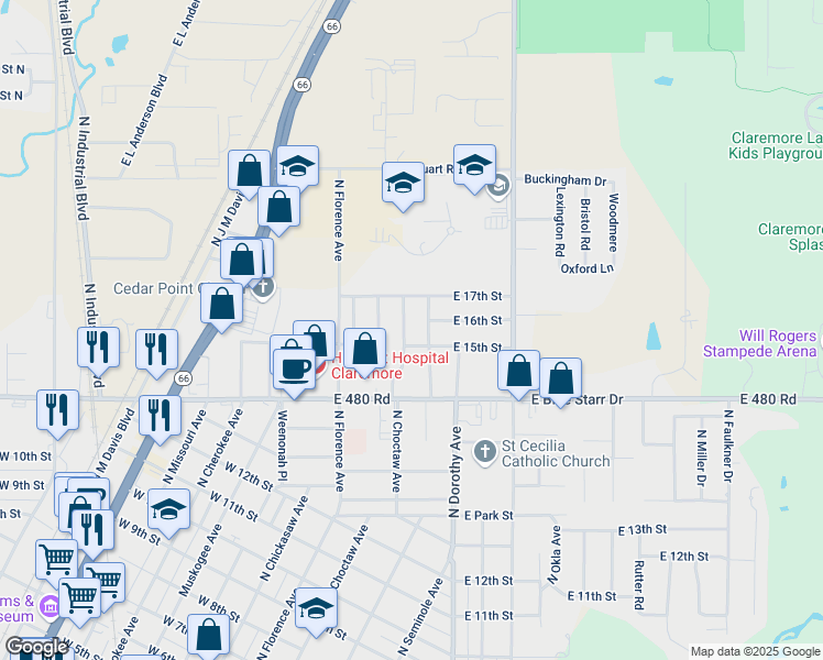 map of restaurants, bars, coffee shops, grocery stores, and more near 1504 North Choctaw Place in Claremore