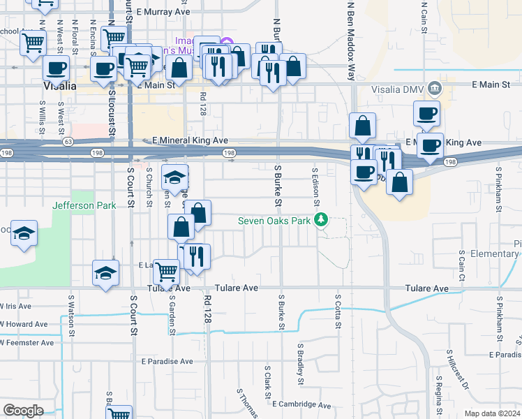 map of restaurants, bars, coffee shops, grocery stores, and more near 748 East Cypress Avenue in Visalia