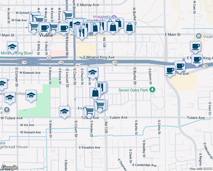 map of restaurants, bars, coffee shops, grocery stores, and more near 506 East Cypress Avenue in Visalia