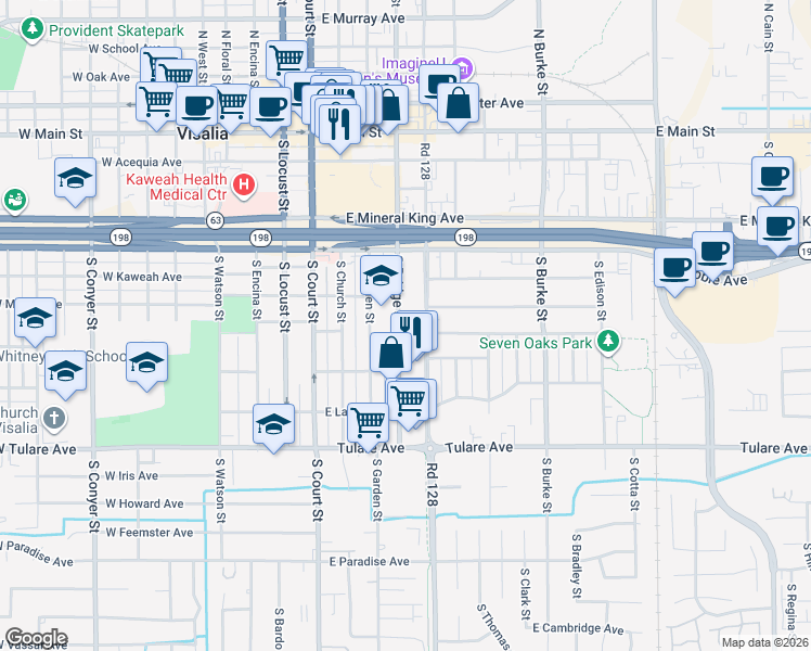 map of restaurants, bars, coffee shops, grocery stores, and more near 526 South Bridge Street in Visalia