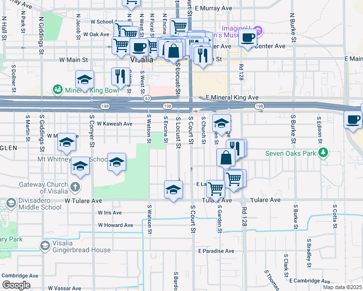 map of restaurants, bars, coffee shops, grocery stores, and more near in Visalia