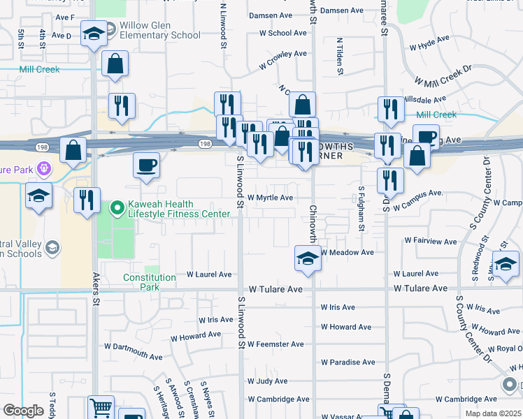 map of restaurants, bars, coffee shops, grocery stores, and more near 4414 West Cypress Avenue in Visalia