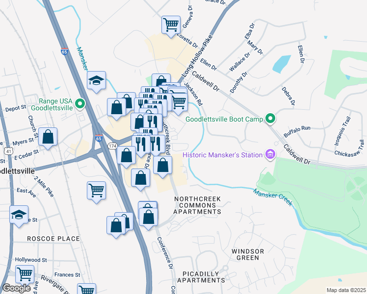 map of restaurants, bars, coffee shops, grocery stores, and more near 168-178 Northcreek Boulevard in Goodlettsville