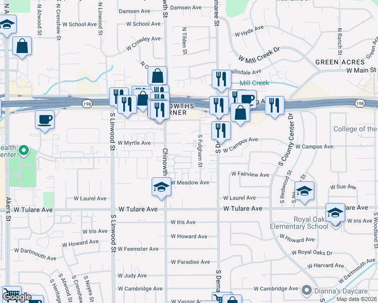 map of restaurants, bars, coffee shops, grocery stores, and more near 3717 West Myrtle Court in Visalia