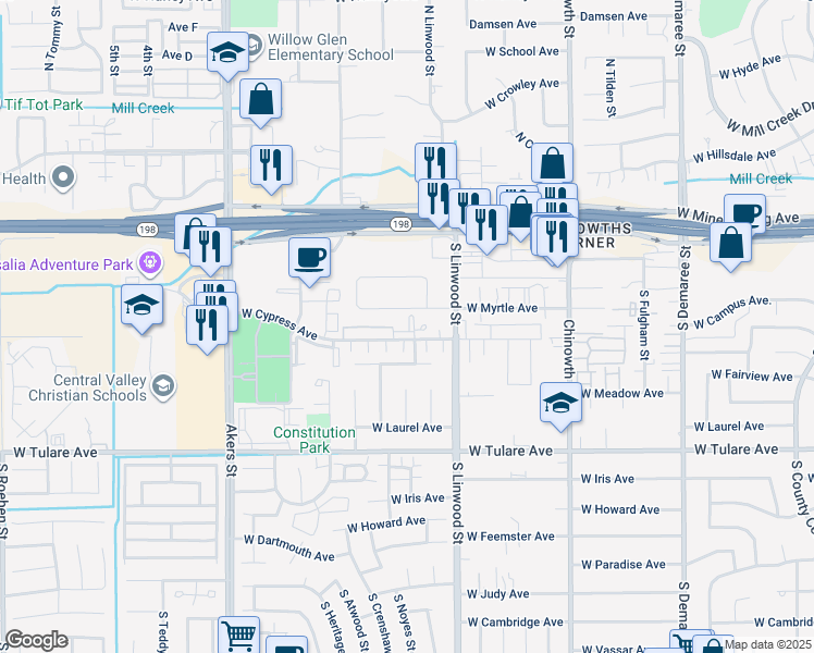map of restaurants, bars, coffee shops, grocery stores, and more near 4640 West Cypress Avenue in Visalia
