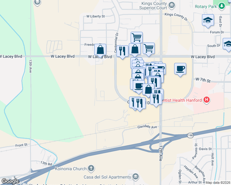 map of restaurants, bars, coffee shops, grocery stores, and more near 114 Centennial Drive in Hanford