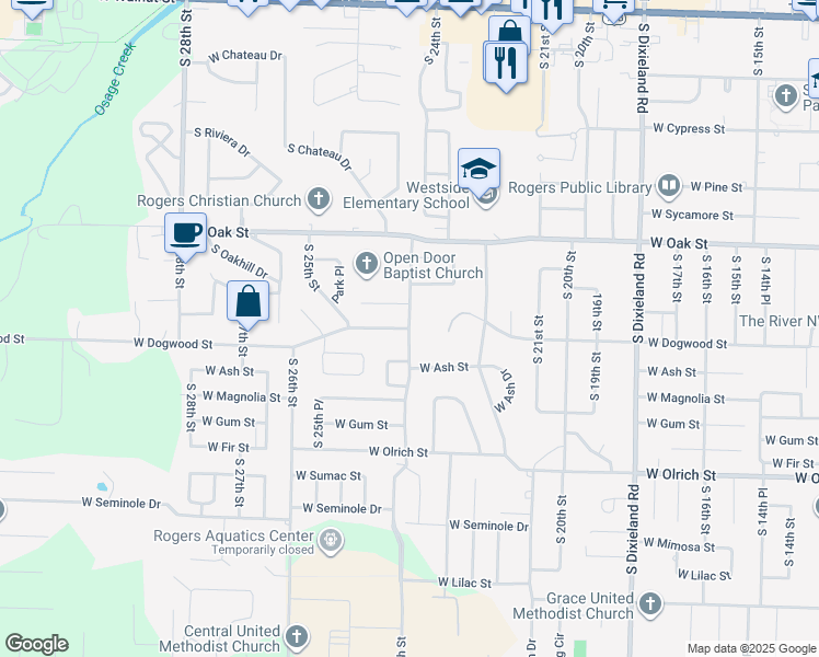 map of restaurants, bars, coffee shops, grocery stores, and more near 928 South 24th Street in Rogers