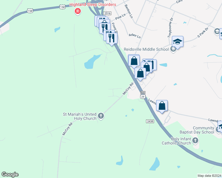 map of restaurants, bars, coffee shops, grocery stores, and more near 509 Birchwood Drive in Reidsville