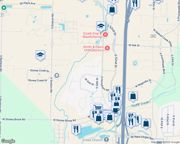 map of restaurants, bars, coffee shops, grocery stores, and more near 5405 W Dogwood St in Rogers