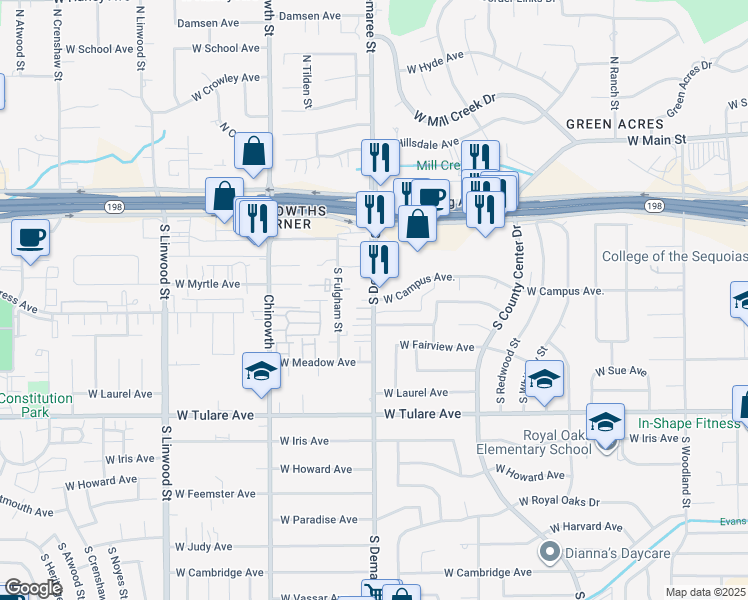 map of restaurants, bars, coffee shops, grocery stores, and more near South Demaree Street & West Campus Avenue in Visalia