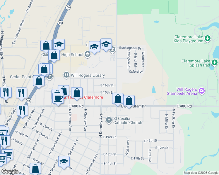 map of restaurants, bars, coffee shops, grocery stores, and more near 325 East 16th Street in Claremore