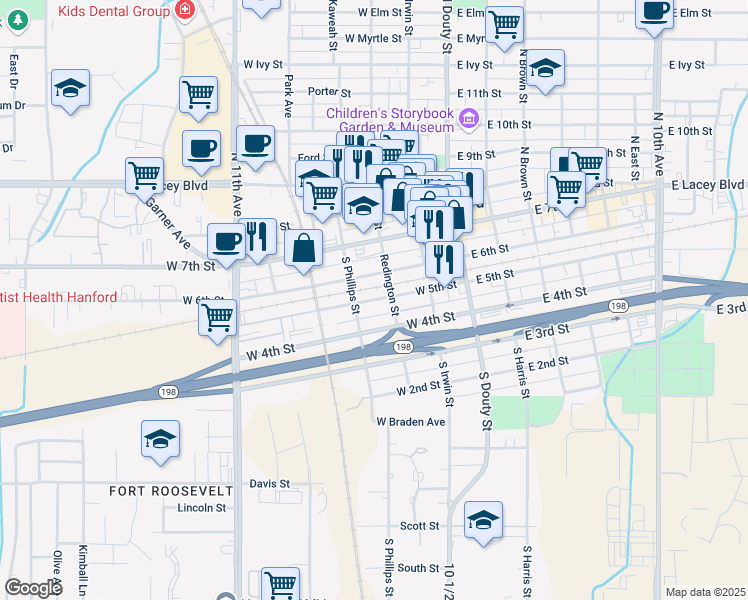 map of restaurants, bars, coffee shops, grocery stores, and more near 344 West 5th Street in Hanford