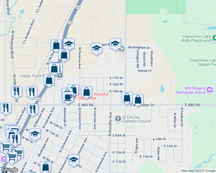 map of restaurants, bars, coffee shops, grocery stores, and more near 305 E 16th St in Claremore