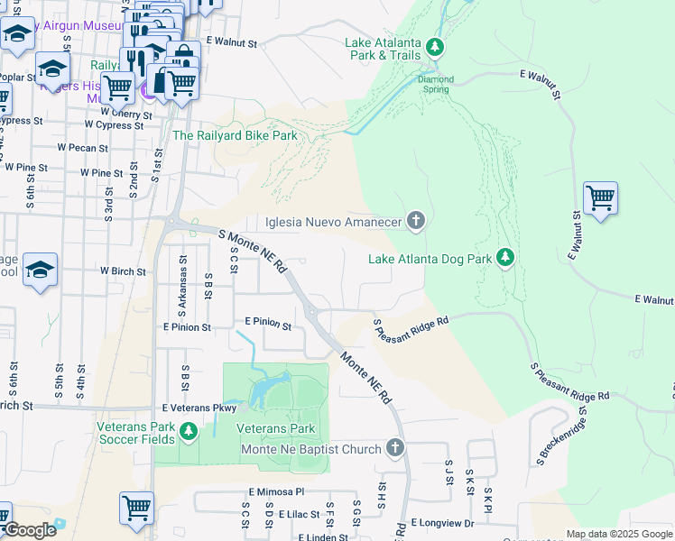 map of restaurants, bars, coffee shops, grocery stores, and more near 1016 South E Street in Rogers