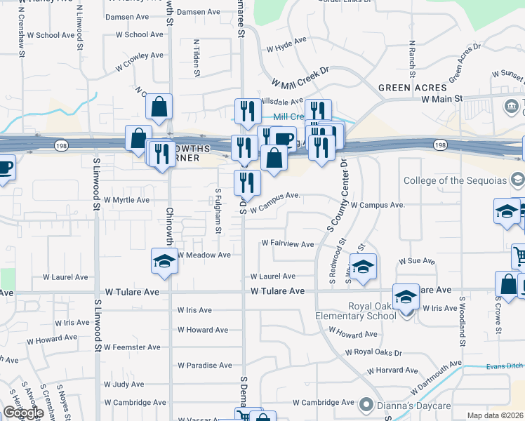 map of restaurants, bars, coffee shops, grocery stores, and more near 3545 West Campus Avenue in Visalia