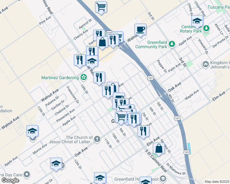 map of restaurants, bars, coffee shops, grocery stores, and more near 343 8th Street in Greenfield