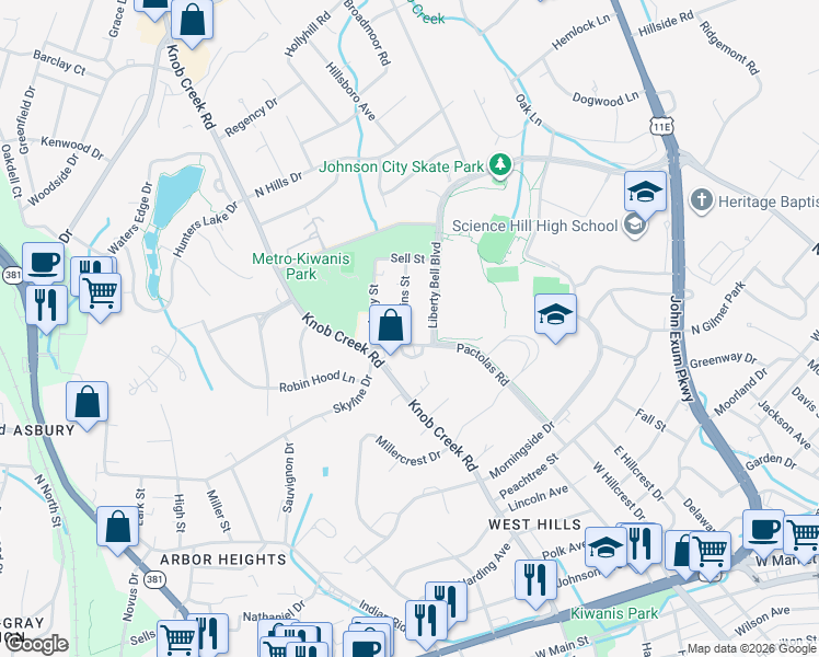 map of restaurants, bars, coffee shops, grocery stores, and more near 815 Mullins Street in Johnson City