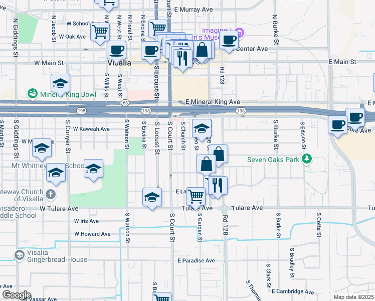 map of restaurants, bars, coffee shops, grocery stores, and more near 520 South Church Street in Visalia